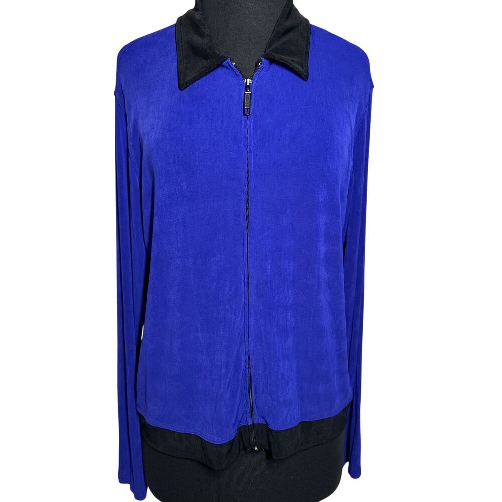 Chico’s Private Edition Zip Front Jacket Top USA Travel Long Sleeve Blue Sz L